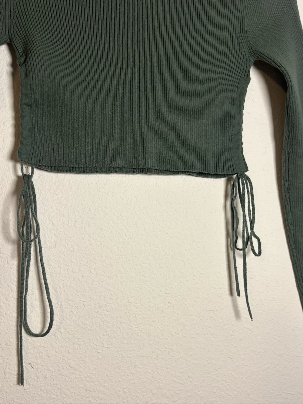 Zara Dark Olive Ribbed Long Sleeve Crop Top with Side Ties